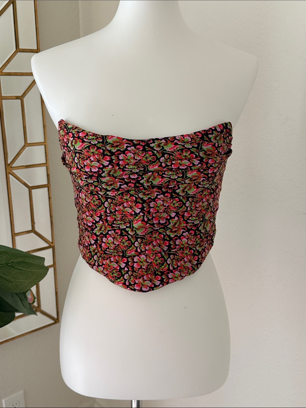 Zara Black Strapless Crop Top with Pink & Green Floral Print